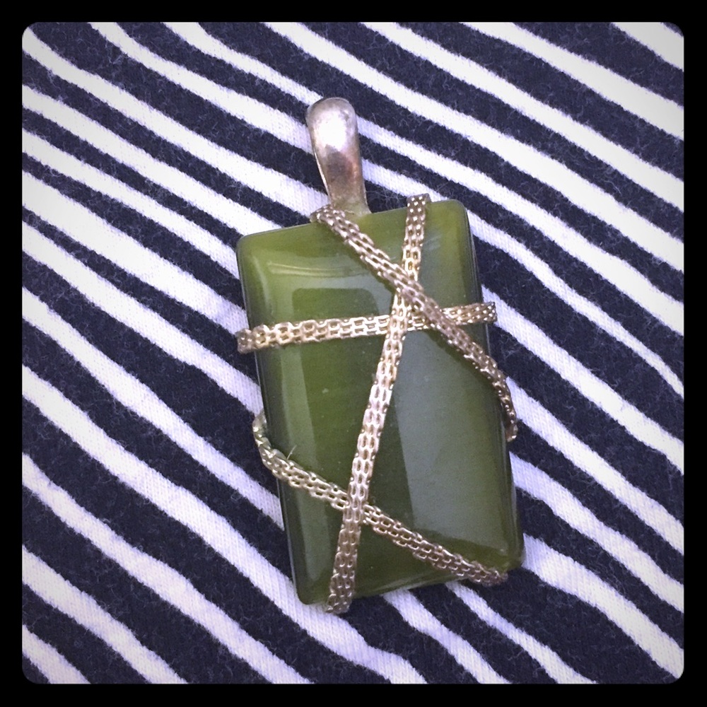 Vintage silver cord-wrapped green glass pendant